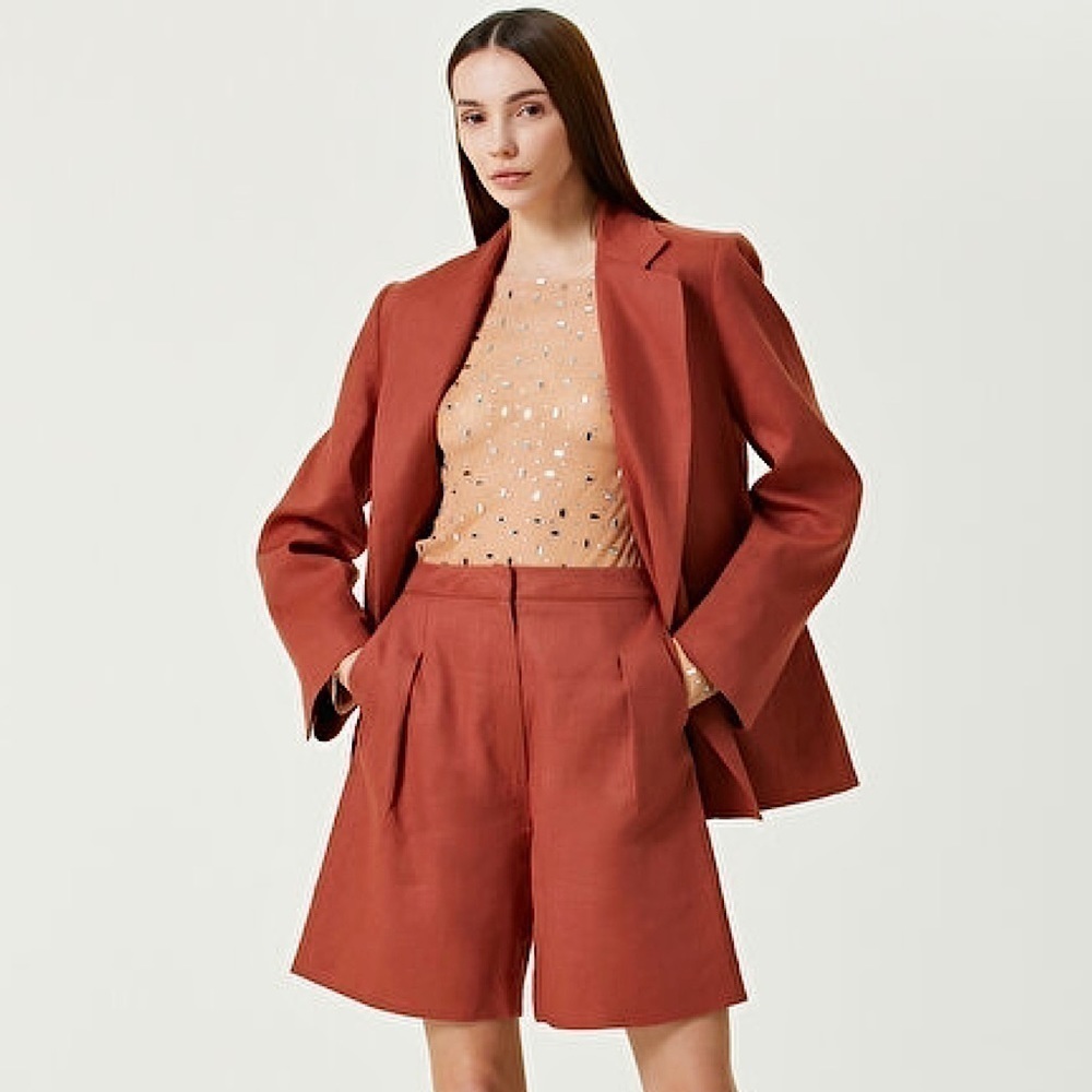 NWT ITMFL Linen Terracotta High Rise Press-Crease Pleated Wide Leg 8” Shorts S - Picture 4 of 14